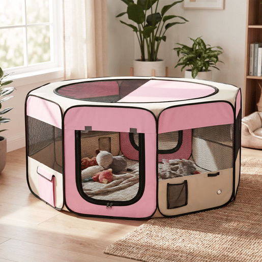 PawHut Parque Dobrável para Cães e Gatos, Cercado Portátil para Animais Pequenos Impermeável de Tecido Oxford com 2 Portas, para Exterior e Interior, Ø90x41 cm, Rosa