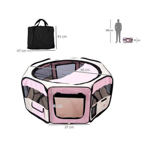 PawHut Parque Dobrável para Cães e Gatos, Cercado Portátil para Animais Pequenos Impermeável de Tecido Oxford com 2 Portas, para Exterior e Interior, Ø90x41 cm, Rosa