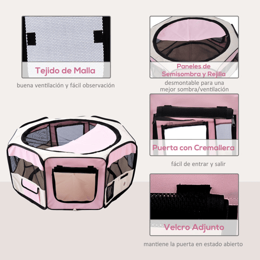 PawHut Parque Dobrável para Cães e Gatos, Cercado Portátil para Animais Pequenos Impermeável de Tecido Oxford com 2 Portas, para Exterior e Interior, Ø90x41 cm, Rosa