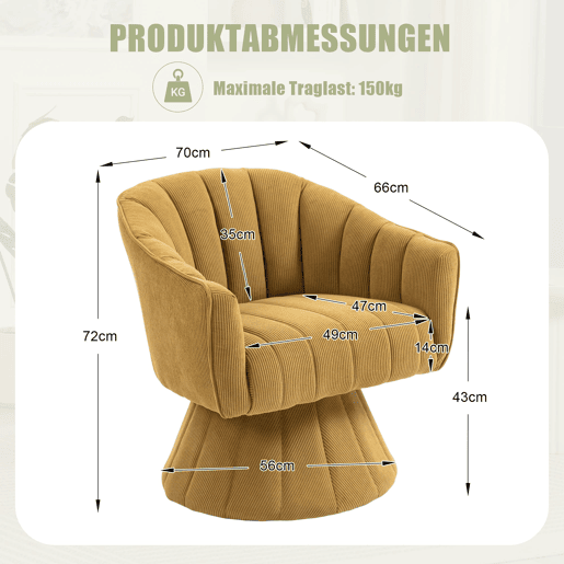 Cadeira de escritório giratória 360° - Assento ergonómico, apoios de braços e base estável - Amarelo mostarda