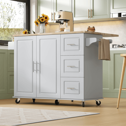 Mesa de cozinha móvel grande 137x43(76)x92 cm - Bancada em madeira de carvalho, design dobrável, armário multifuncional, 3 gavetas, suporte para toalhas - Cinza
