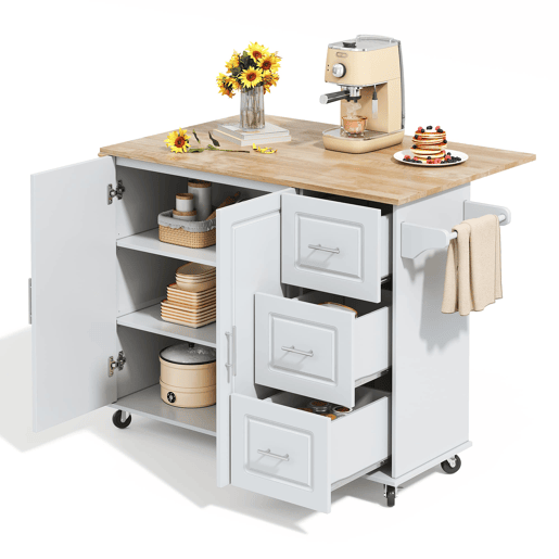 Mesa de cozinha móvel grande 137x43(76)x92 cm - Bancada em madeira de carvalho, design dobrável, armário multifuncional, 3 gavetas, suporte para toalhas - Cinza