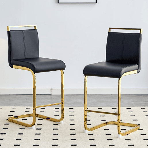 Bancos de bar 2 unidades - Estilo nórdico, couro sintético, pernas metálicas - Preto+Dourado