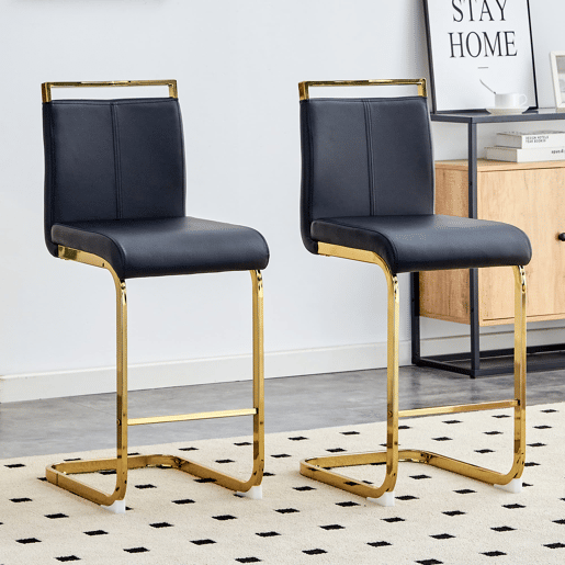 Bancos de bar 2 unidades - Estilo nórdico, couro sintético, pernas metálicas - Preto+Dourado
