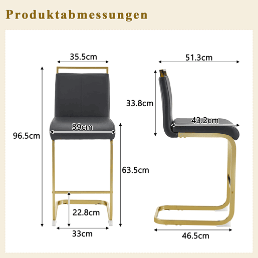 Bancos de bar 2 unidades - Estilo nórdico, couro sintético, pernas metálicas - Preto+Dourado