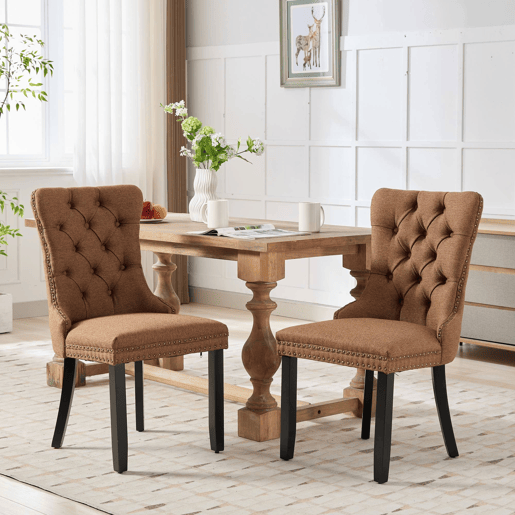 Cadeira de sala de jantar estofada, 2 unidades - Moderna, encosto capitoné, pernas de madeira, acabamentos - Café