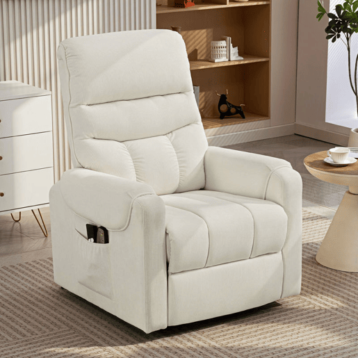 HOMCOM Poltrona de Massagem Relax Poltrona Levanta Pessoas com Reclinação Elétrica em até 135° com Controle Remoto e 8 Zonas de Massagem Estofado em Veludo Cotelê e Acolchoada 83x92x110 cm Bege