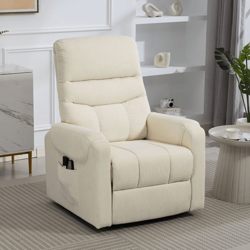 HOMCOM Poltrona de Massagem Relax Poltrona Levanta Pessoas com Reclinação Elétrica em até 135° com Controle Remoto e 8 Zonas de Massagem Estofado em Veludo Cotelê e Acolchoada 83x92x110 cm Bege