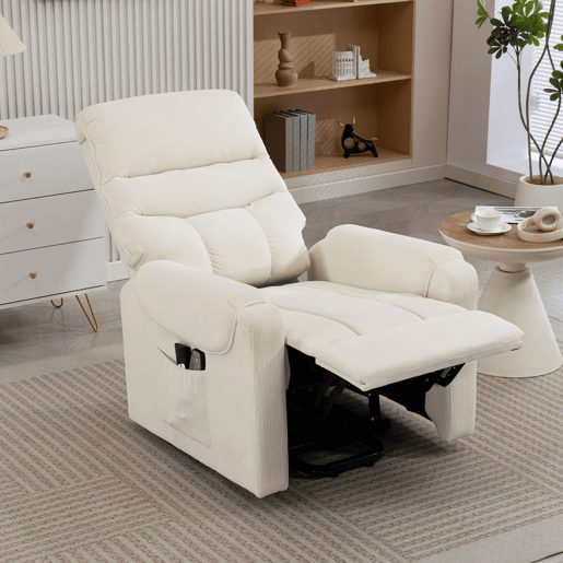 HOMCOM Poltrona de Massagem Relax Poltrona Levanta Pessoas com Reclinação Elétrica em até 135° com Controle Remoto e 8 Zonas de Massagem Estofado em Veludo Cotelê e Acolchoada 83x92x110 cm Bege
