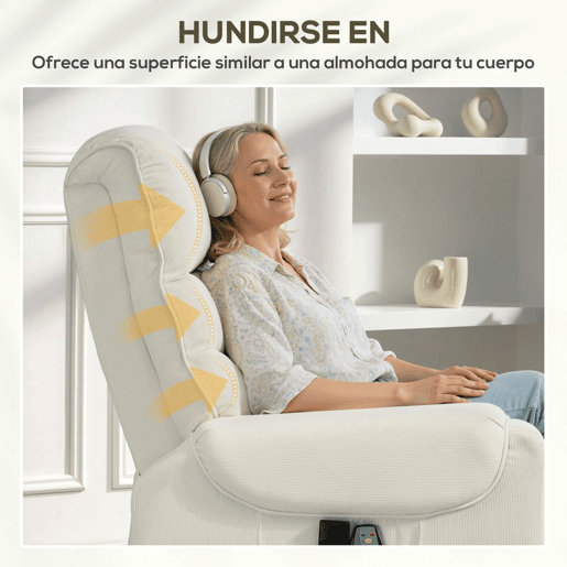 HOMCOM Poltrona de Massagem Relax Poltrona Levanta Pessoas com Reclinação Elétrica em até 135° com Controle Remoto e 8 Zonas de Massagem Estofado em Veludo Cotelê e Acolchoada 83x92x110 cm Bege