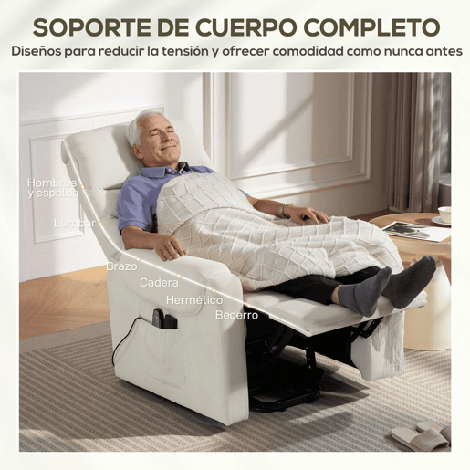 HOMCOM Poltrona de Massagem Relax Poltrona Levanta Pessoas com Reclinação Elétrica em até 135° com Controle Remoto e 8 Zonas de Massagem Estofado em Veludo Cotelê e Acolchoada 83x92x110 cm Bege