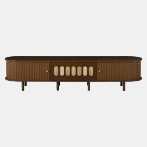 Móvel de TV ovalado 180x40x40 cm - rattan, porta enrolável, MDF - nogueira