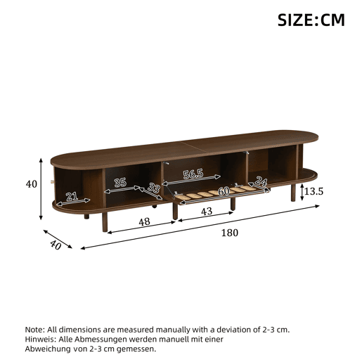 Móvel de TV ovalado 180x40x40 cm - rattan, porta enrolável, MDF - nogueira