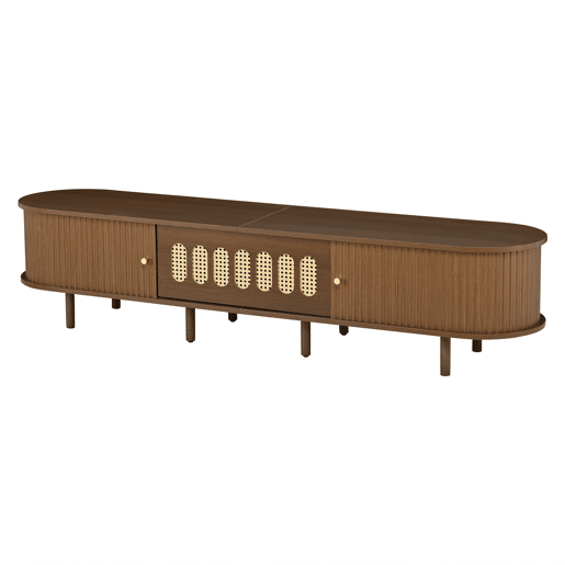 Móvel de TV ovalado 180x40x40 cm - rattan, porta enrolável, MDF - nogueira