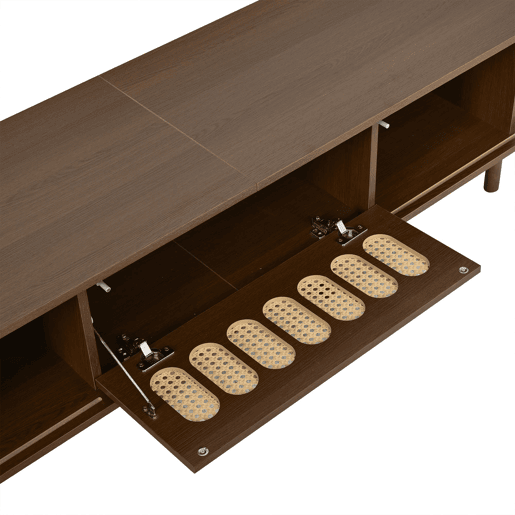 Móvel de TV ovalado 180x40x40 cm - rattan, porta enrolável, MDF - nogueira