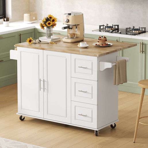 Mesa de cozinha móvel grande 137x43(76)x92 cm - Superfície em carvalho, design dobrável, armário multifuncional, 3 gavetas, suporte para toalhas - Branca