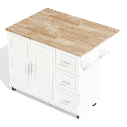 Mesa de cozinha móvel grande 137x43(76)x92 cm - Superfície em carvalho, design dobrável, armário multifuncional, 3 gavetas, suporte para toalhas - Branca