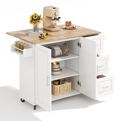 Mesa de cozinha móvel grande 137x43(76)x92 cm - Superfície em carvalho, design dobrável, armário multifuncional, 3 gavetas, suporte para toalhas - Branca