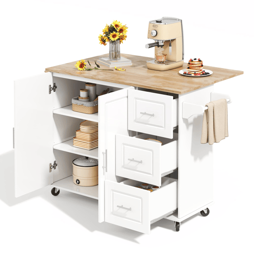 Mesa de cozinha móvel grande 137x43(76)x92 cm - Superfície em carvalho, design dobrável, armário multifuncional, 3 gavetas, suporte para toalhas - Branca