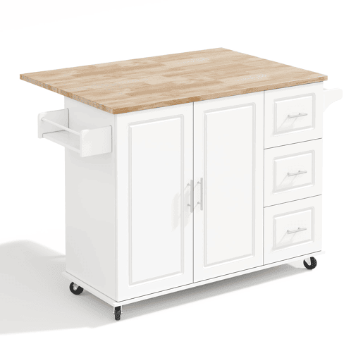 Mesa de cozinha móvel grande 137x43(76)x92 cm - Superfície em carvalho, design dobrável, armário multifuncional, 3 gavetas, suporte para toalhas - Branca