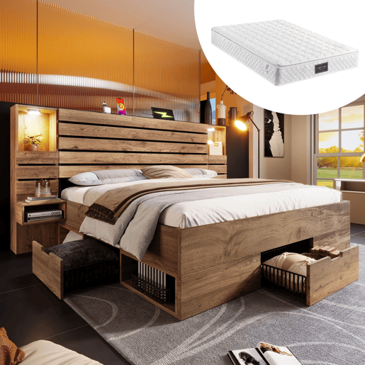 Cama de casal 160x200 cm - LED, USB Type-C, nichos iluminados, gavetas debaixo da cama - Carvalho