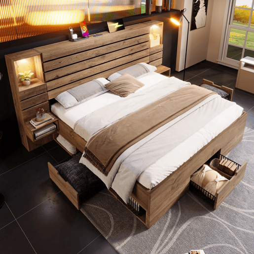 Cama de casal 160x200 cm - LED, USB Type-C, nichos iluminados, gavetas debaixo da cama - Carvalho