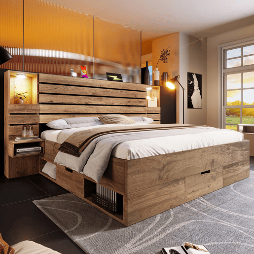 Cama de casal 160x200 cm - LED, USB Type-C, nichos iluminados, gavetas debaixo da cama - Carvalho