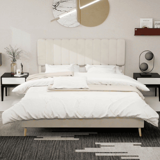 Cama estofada 160x200 - cabeceira acolchoada, base baixa sem arrumação - bege Cama estofada 160x200 - cabeceira acolchoada, base baixa sem arrumação - bege