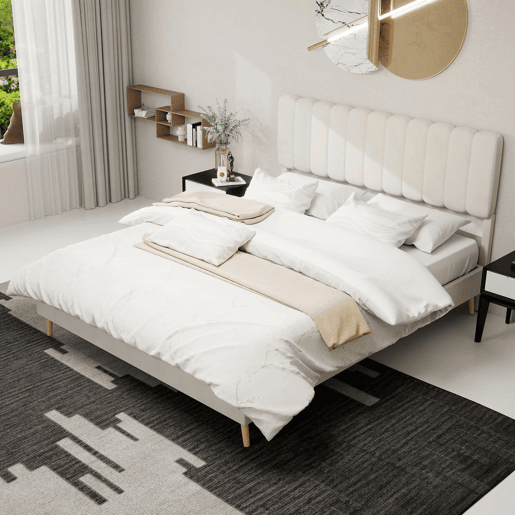 Cama estofada 160x200 - cabeceira acolchoada, base baixa sem arrumação - bege Cama estofada 160x200 - cabeceira acolchoada, base baixa sem arrumação - bege