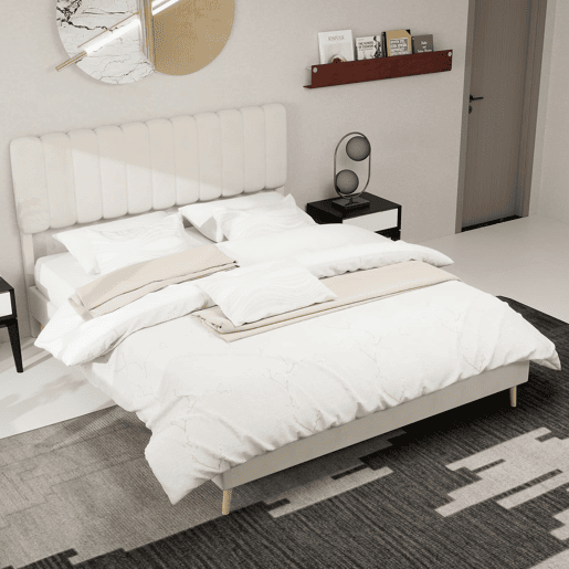 Cama estofada 160x200 - cabeceira acolchoada, base baixa sem arrumação - bege Cama estofada 160x200 - cabeceira acolchoada, base baixa sem arrumação - bege
