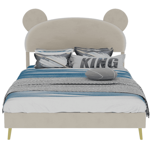 Cama estofada minimalista 140x200 - cabeceira de pelúcia com desenhos animados - bege