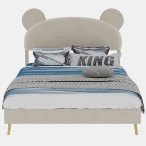 Cama estofada minimalista 140x200 - cabeceira de pelúcia com desenhos animados - bege