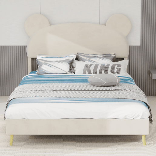 Cama estofada minimalista 140x200 - cabeceira de pelúcia com desenhos animados - bege