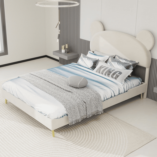 Cama estofada minimalista 140x200 - cabeceira de pelúcia com desenhos animados - bege