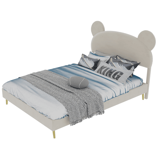 Cama estofada minimalista 140x200 - cabeceira de pelúcia com desenhos animados - bege