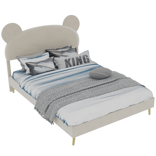Cama estofada minimalista 140x200 - cabeceira de pelúcia com desenhos animados - bege
