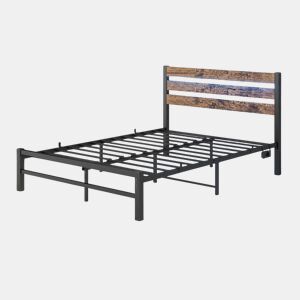 Cama metálica 120x200 - Cabeceira com arrumação, LED, USB, estrutura resistente, sem boxspring - Castanho antigo