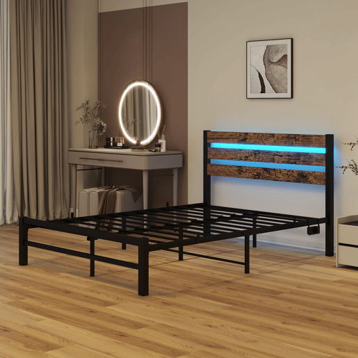 Cama metálica 120x200 - Cabeceira com arrumação, LED, USB, estrutura resistente, sem boxspring - Castanho antigo