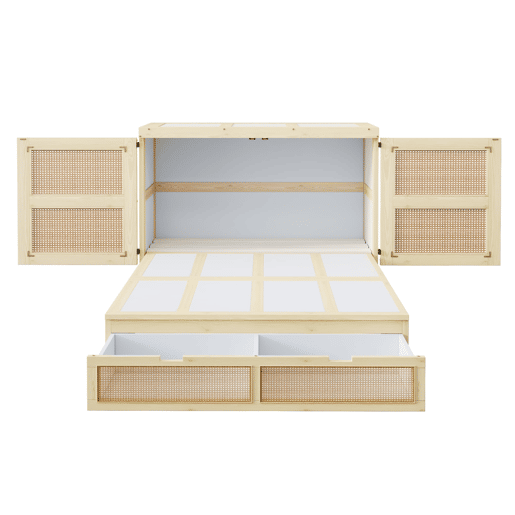Cama rebatível 140 x 200 cm - com estrado, gavetas de arrumação, design em rattan - madeira