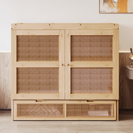 Cama rebatível 140 x 200 cm - com estrado, gavetas de arrumação, design em rattan - madeira