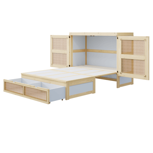 Cama rebatível 140 x 200 cm - com estrado, gavetas de arrumação, design em rattan - madeira
