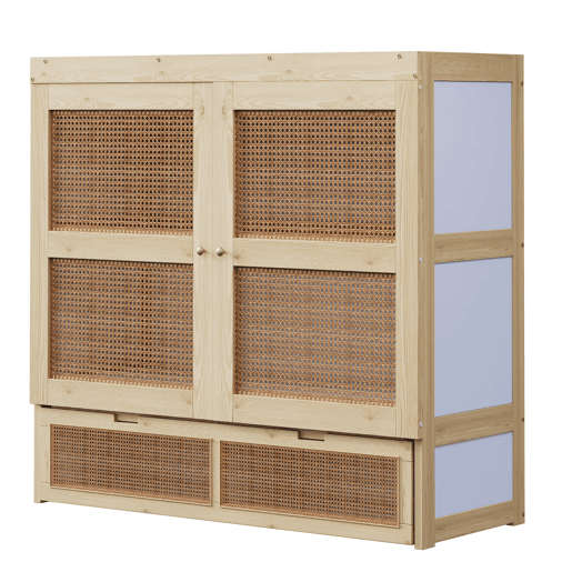 Cama rebatível 140 x 200 cm - com estrado, gavetas de arrumação, design em rattan - madeira