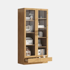 Vitrine de vidro 80x40x160 cm - Prateleiras fixas deslocadas, gavetas push-to-open - Madeira natural