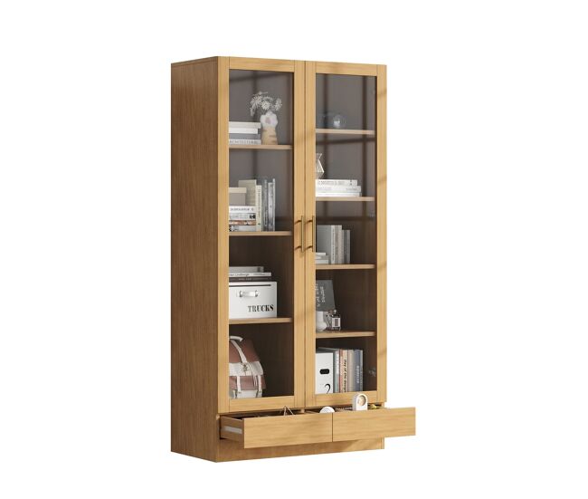 Vitrina de cristal 80x40x160 cm - estantes fijos desplazados, cajones push-to-open - madera natural