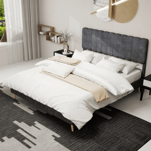Cama estofada 160x200 - cabeceira macia, base baixa sem arrumação - cinzento Cama estofada 160x200 - cabeceira macia, base baixa sem arrumação - cinzento