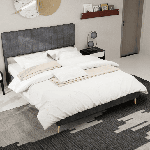 Cama estofada 160x200 - cabeceira macia, base baixa sem arrumação - cinzento Cama estofada 160x200 - cabeceira macia, base baixa sem arrumação - cinzento