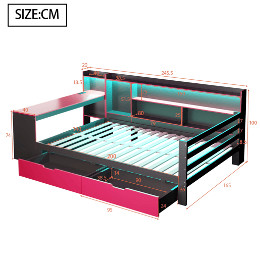 Sofá-cama em madeira 140x200 cm - Secretária, estantes, iluminação e tomadas - Preto+Vermelho