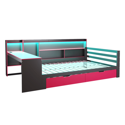 Sofá-cama em madeira 140x200 cm - Secretária, estantes, iluminação e tomadas - Preto+Vermelho