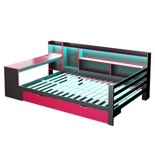 Sofá-cama em madeira 140x200 cm - Secretária, estantes, iluminação e tomadas - Preto+Vermelho