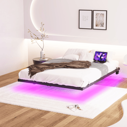 Cama plataforma 120x200 - LED, estação de carregamento, estrutura metálica robusta - Preto